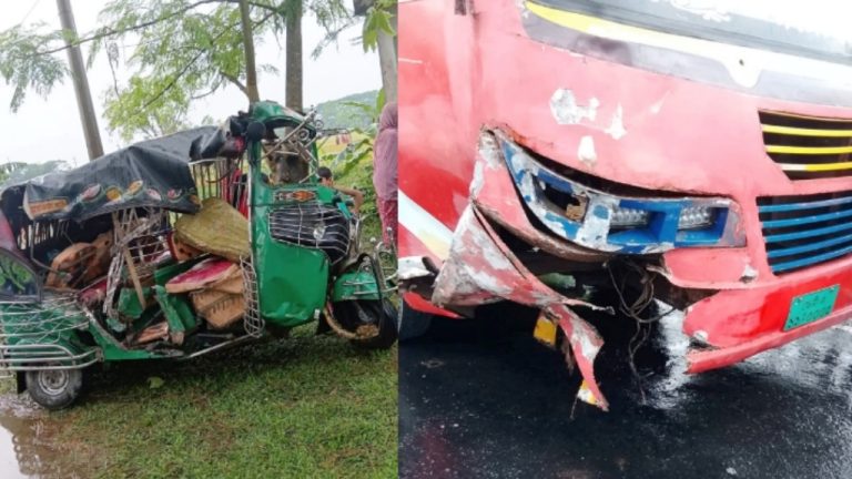 পূর্বধলায় বাসের চাপায় দুমড়েমুচড়ে গেল সিএনজি, প্রাণ গেল ২ জনের